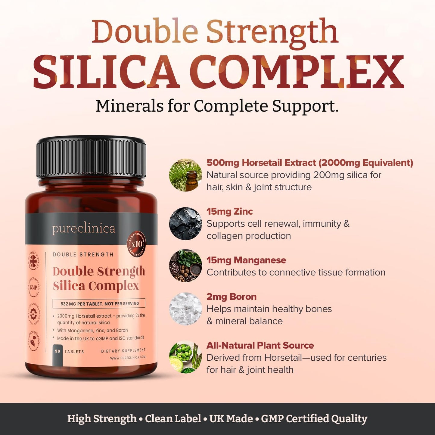 Double Strength Silica Complex – 500mg Horsetail Extract (4:1) per Tablet – 90 Tablets – 3 Month Supply – with Zinc, Manganese & Boron pureclinica buy supplements Au