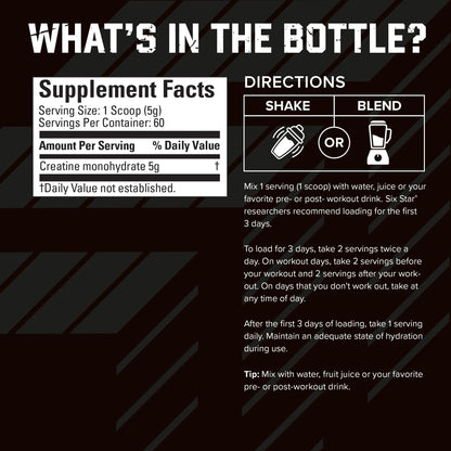 Six Star 100% Creatine Monohydrate Powder - Unflavored Micronized Creatine Monohydrate Supplement for Workout Performance, Muscle Building & Strength