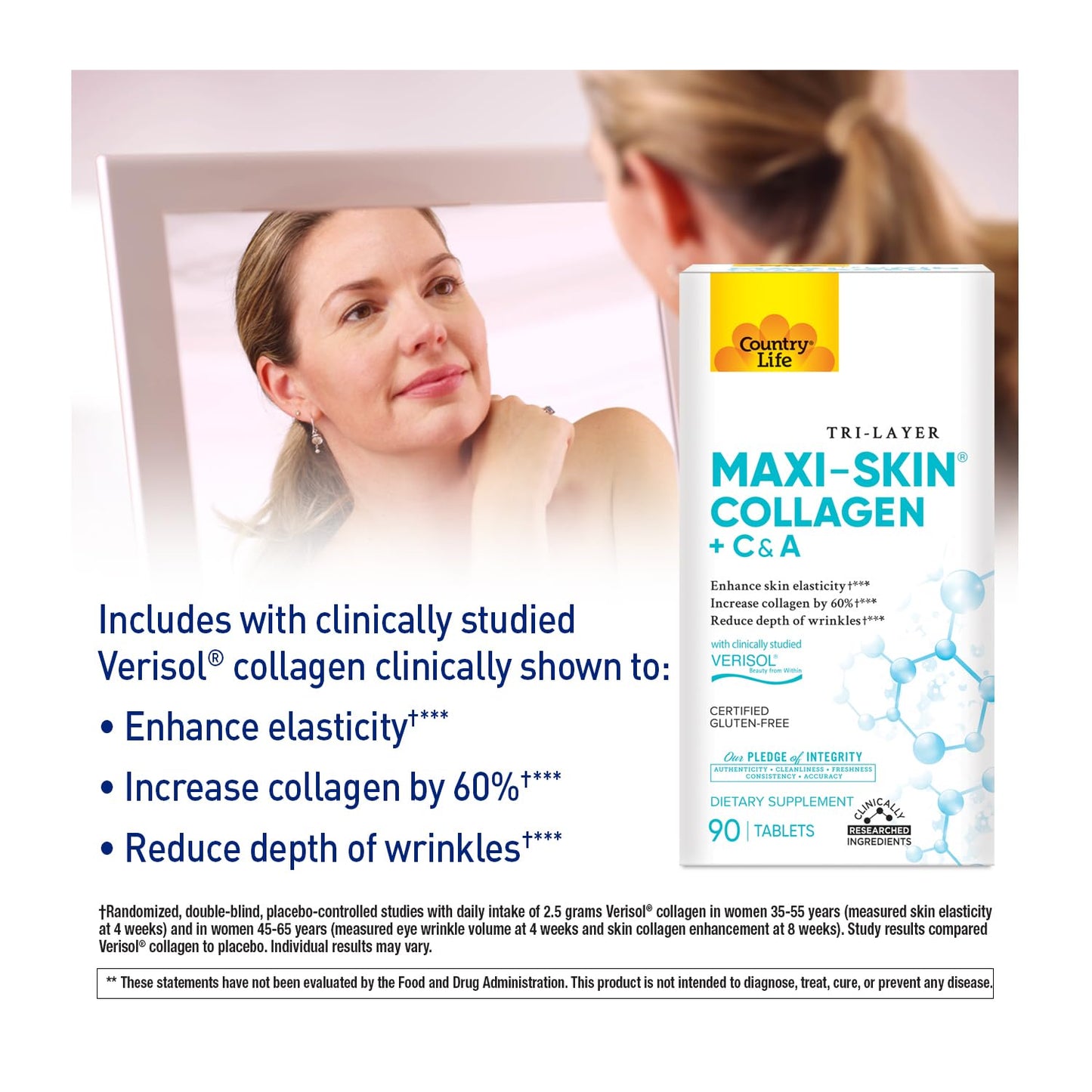 Country Life Verisol Collagen Peptides Tablets - Reduce Depth of W[KB2] rinkles & Enhance Skin Elasticity-90 Tablets-Includes Vitamin A&C - Collagen Powder for Women & Men - Boost Skin Collagen by 60% Country Life buy supplements Au