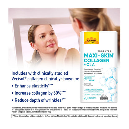Country Life Verisol Collagen Peptides Tablets - Reduce Depth of W[KB2] rinkles & Enhance Skin Elasticity-90 Tablets-Includes Vitamin A&C - Collagen Powder for Women & Men - Boost Skin Collagen by 60% Country Life buy supplements Au