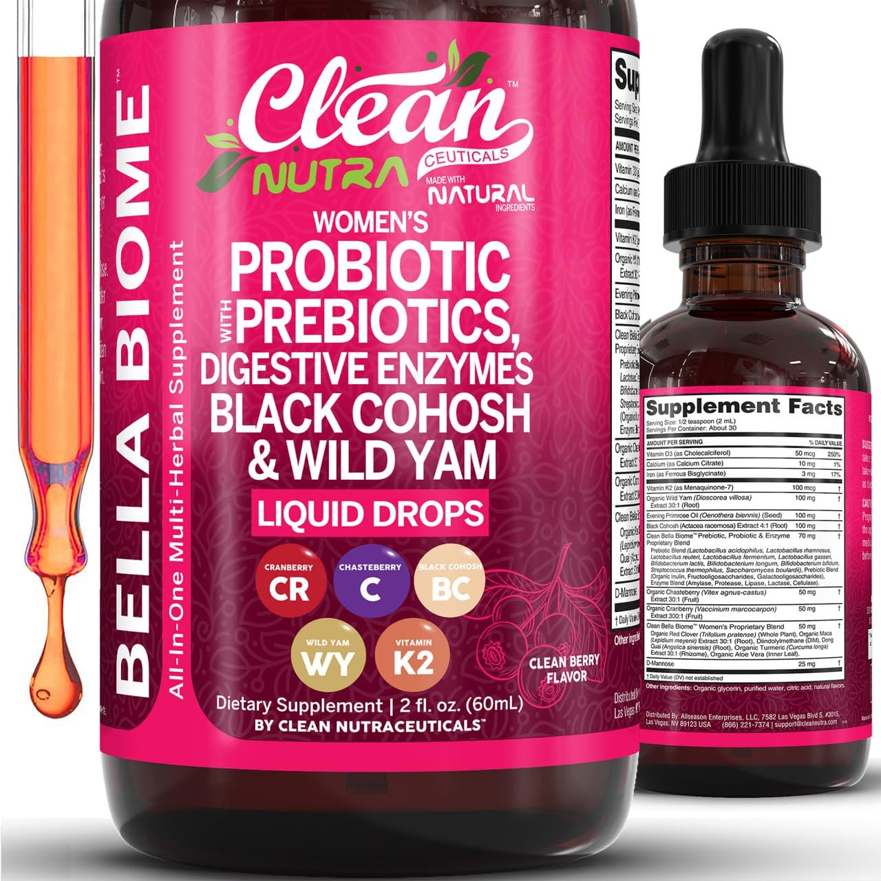 Liquid Probiotics for Women Drops with Chasteberry, Black Cohosh, Prebiotics, Digestive Enzymes, Evening Primrose Oil, Wild Yam, Cranberry Dmannose and Iron Vitamin D3 K2 Clean Nutra Bella Biotics Clean Nutraceuticals buy supplements Au