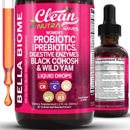 Liquid Probiotics for Women Drops with Chasteberry, Black Cohosh, Prebiotics, Digestive Enzymes, Evening Primrose Oil, Wild Yam, Cranberry Dmannose and Iron Vitamin D3 K2 Clean Nutra Bella Biotics Clean Nutraceuticals buy supplements Au