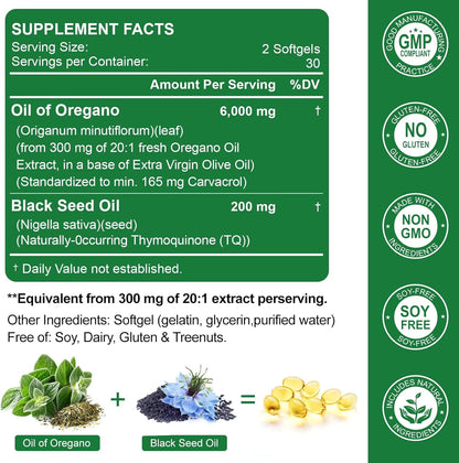 Nature's live Oil of Oregano with Black Seed Oil, 2 in 1 Oregano Supplement for Immune Health, Retains High Concentrated Carvacrol & Thymoquinone