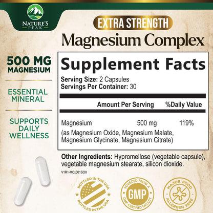 Magnesium Complex Supplement - Magnesium 500mg Per Serving - High Absorption Blend of Glycinate, Citrate, Malate, Oxide - Supports Sleep, Muscle, Bone, Heart Health - Bottled in USA - 60 Capsules Nature's Peak buy supplements Au