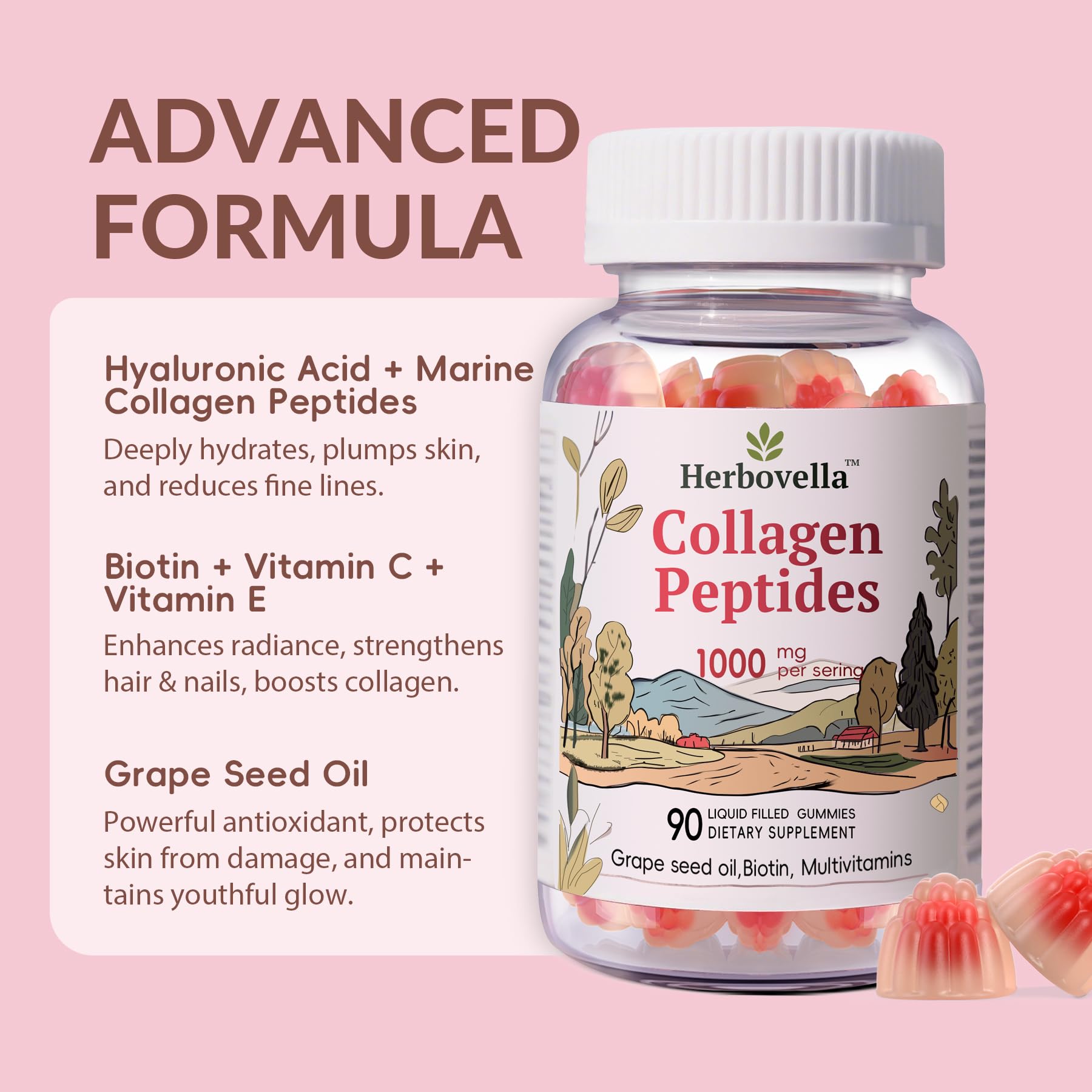 Herbovella Marine Collagen Peptides Gummies for Women- Hydrolyzed Collagen Peptides 1000mg with Biotin, Vitamins, Hyaluronic Acid- for Skin Hair Nails -Sugar Free, 30 Servings, Peach Flavor Herbovella buy supplements Au