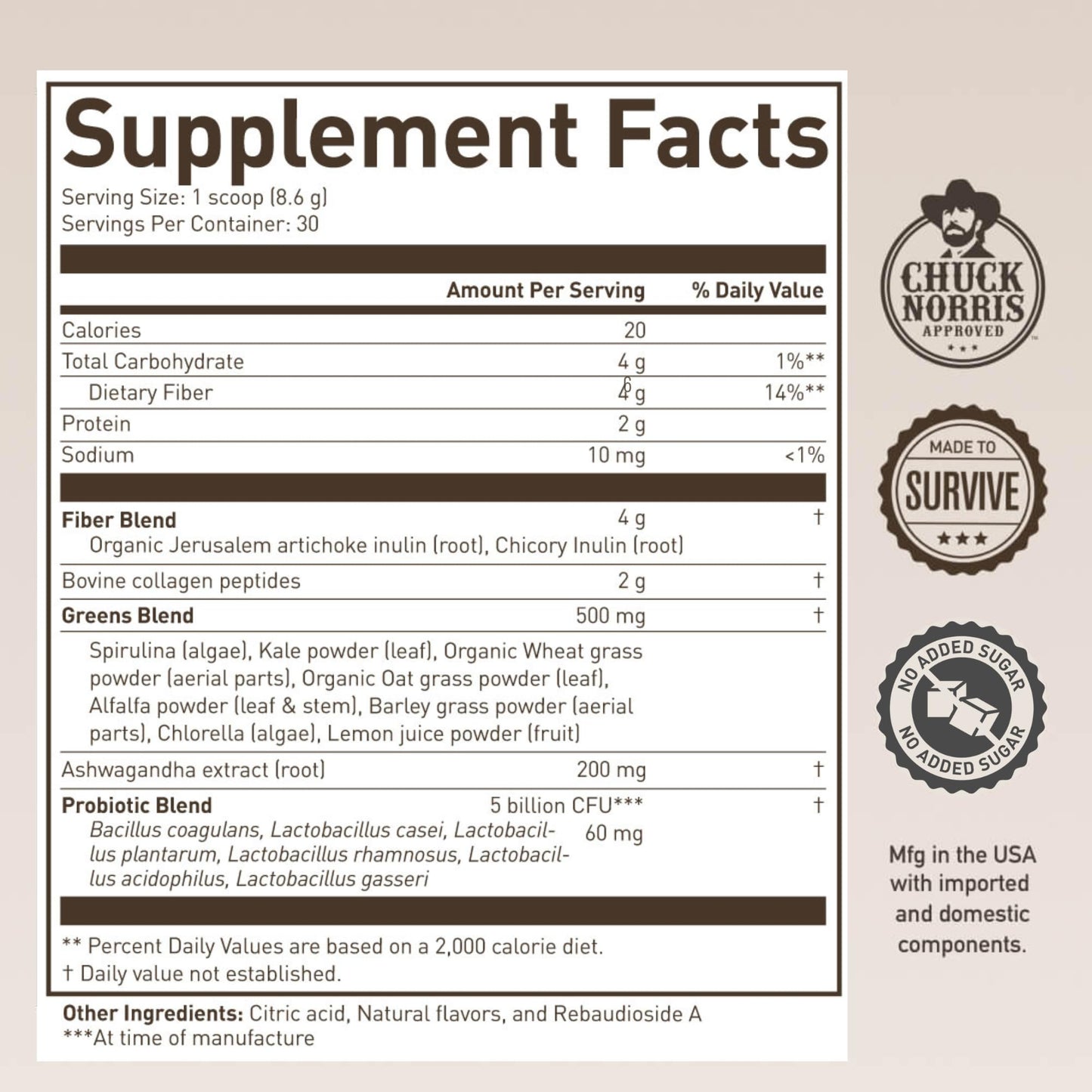 ROUNDHOUSE PROVISION Morning Kick, Zero Sugar Greens Superfood Powder Supplement with Ashwagandha, Collagen, Probiotics, Debloat Drink