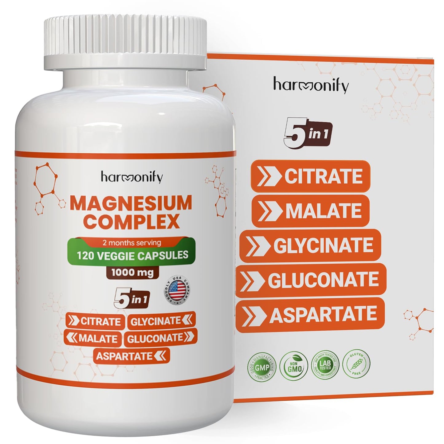 Bottle and packaging of a magnesium supplement with 'harmonify' branding.