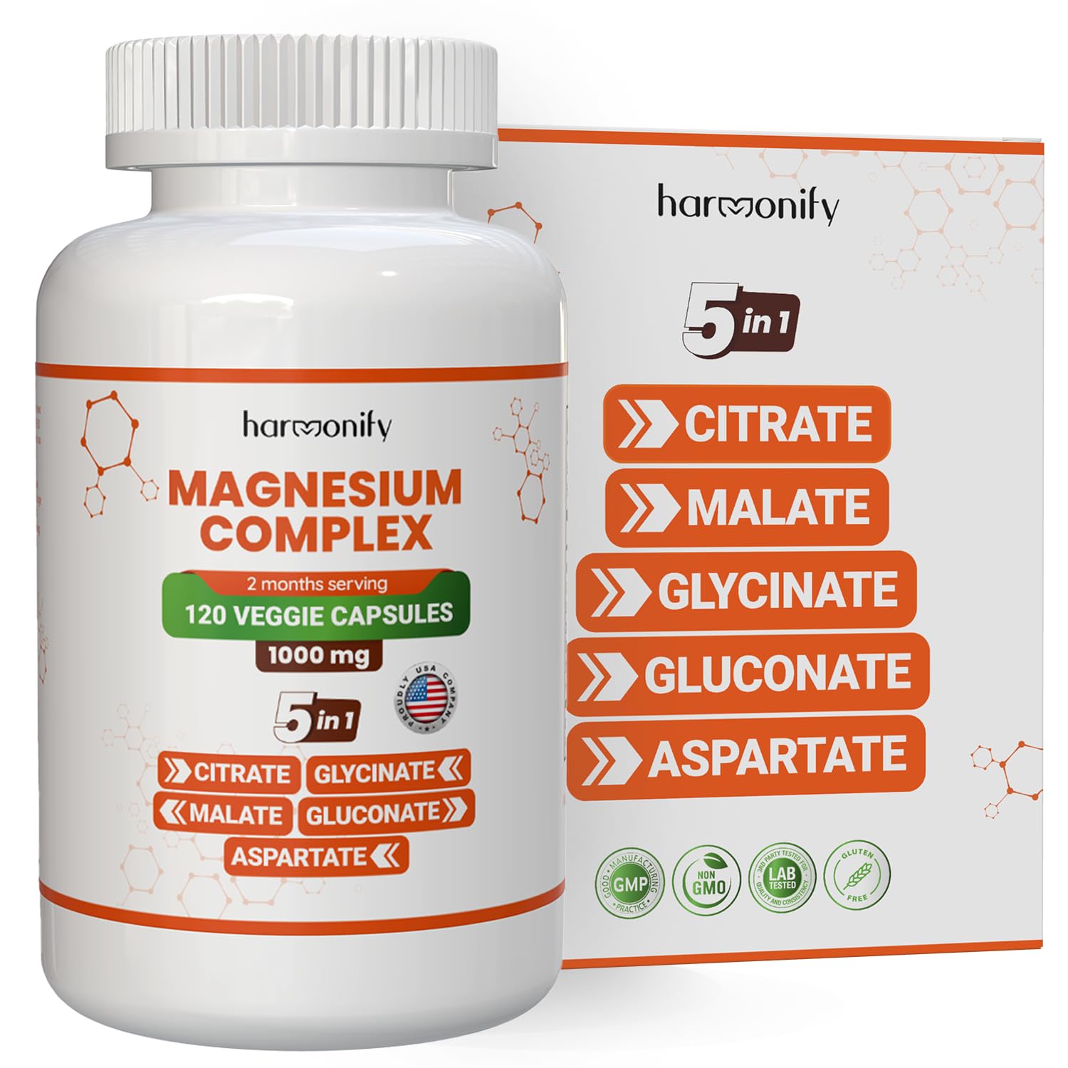 Bottle and packaging of a magnesium supplement with 'harmonify' branding.