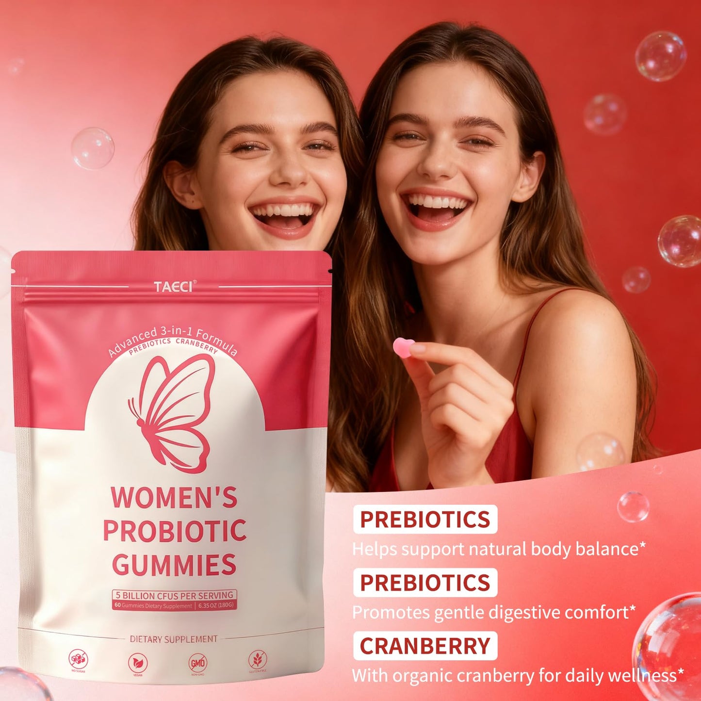 Taeci Vaginal Probiotic Gummies for Women – 5 Billion CFU with Prebiotic & Cranberry Extract – Supports pH Balance, Healthy Odor & Gut Health