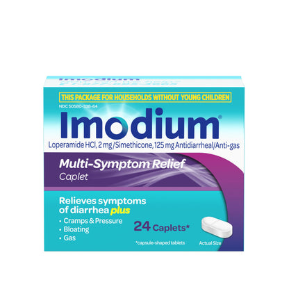 Imodium Multi-Symptom Relief Caplets with Loperamide Hydrochloride & Simethicone, Anti-Diarrheal Medicine for Treatment of Diarrhea, Gas, Bloating, Cramps & Pressure, Traveler's Diarrhea, 24 ct Imodium buy supplements Au