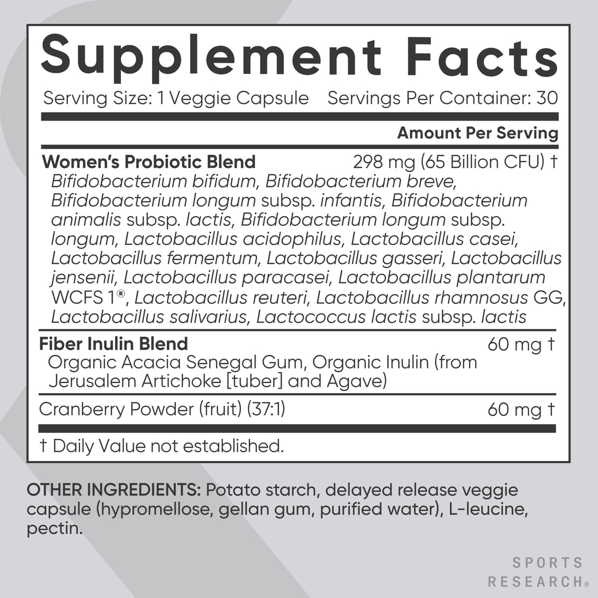 Sports Research Women's Probiotics with Prebiotics, 65 Billion CFU - Vegan Capsules for Gut Health & Digestive Support, Probiotics for Women with Cranberry - Non-GMO Verified & Gluten Free - 30 Count Sports Research buy supplements Au