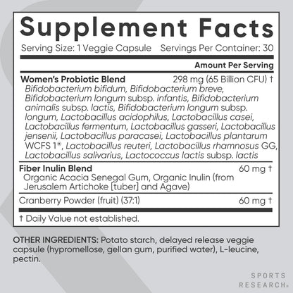 Sports Research Women's Probiotics with Prebiotics, 65 Billion CFU - Vegan Capsules for Gut Health & Digestive Support, Probiotics for Women with Cranberry - Non-GMO Verified & Gluten Free - 30 Count Sports Research buy supplements Au