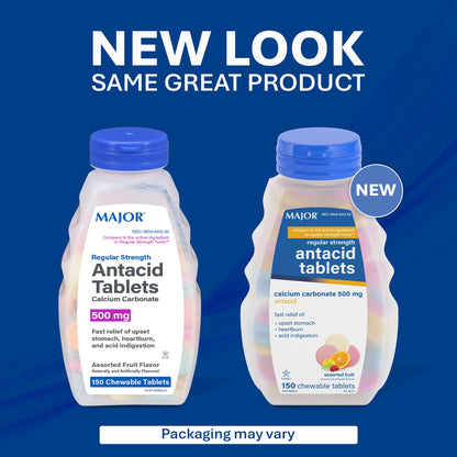 MAJOR Regular Strength Antacid Tablets - Calcium Carbonate 500 mg - Assorted Fruit Flavor - 150 Chewable Count (2 Pack) MAJOR buy supplements Au