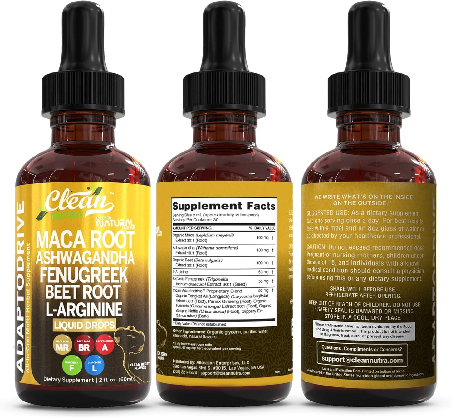 Clean Nutra Organic Maca Root Liquid Drops with Ashwagandha, Fenugreek, Beet Root and L-Arginine Liquid Multivitamin