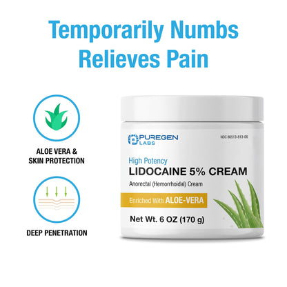 Puregen Labs Lidocaine 5% Anorectal (hemorrhoidal) Cream Maximum Strength | Enriched with Aloe-Vera | 6 Oz