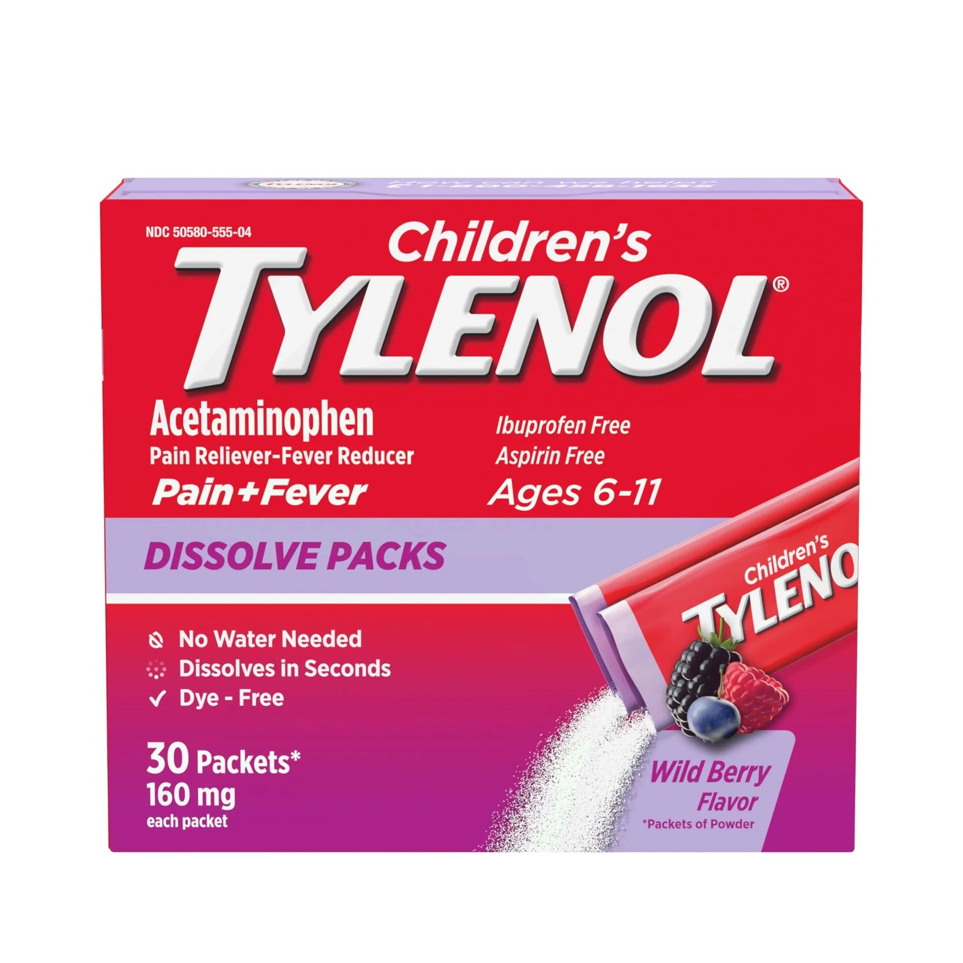 Children's Tylenol Dissolve Packs for Pain Relief, Fever Medication, 160 mg Acetaminophen, Dye Free, Kids' Powder Packets for Cold & Flu Symptom Relief; Wild Berry Flavor, 30 ct.; Pack of 1 TylenolBuy Supplements Australia