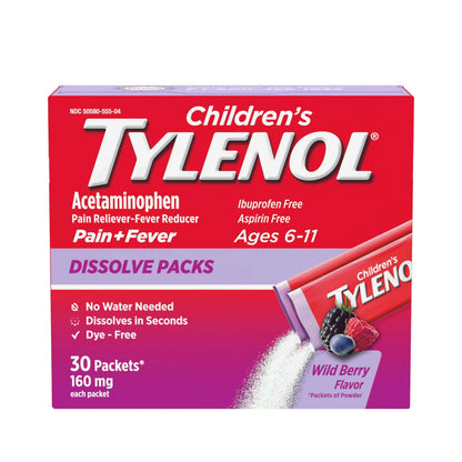 Children's Tylenol Dissolve Packs for Pain Relief, Fever Medication, 160 mg Acetaminophen, Dye Free, Kids' Powder Packets for Cold & Flu Symptom Relief; Wild Berry Flavor, 30 ct.; Pack of 1 TylenolBuy Supplements Australia