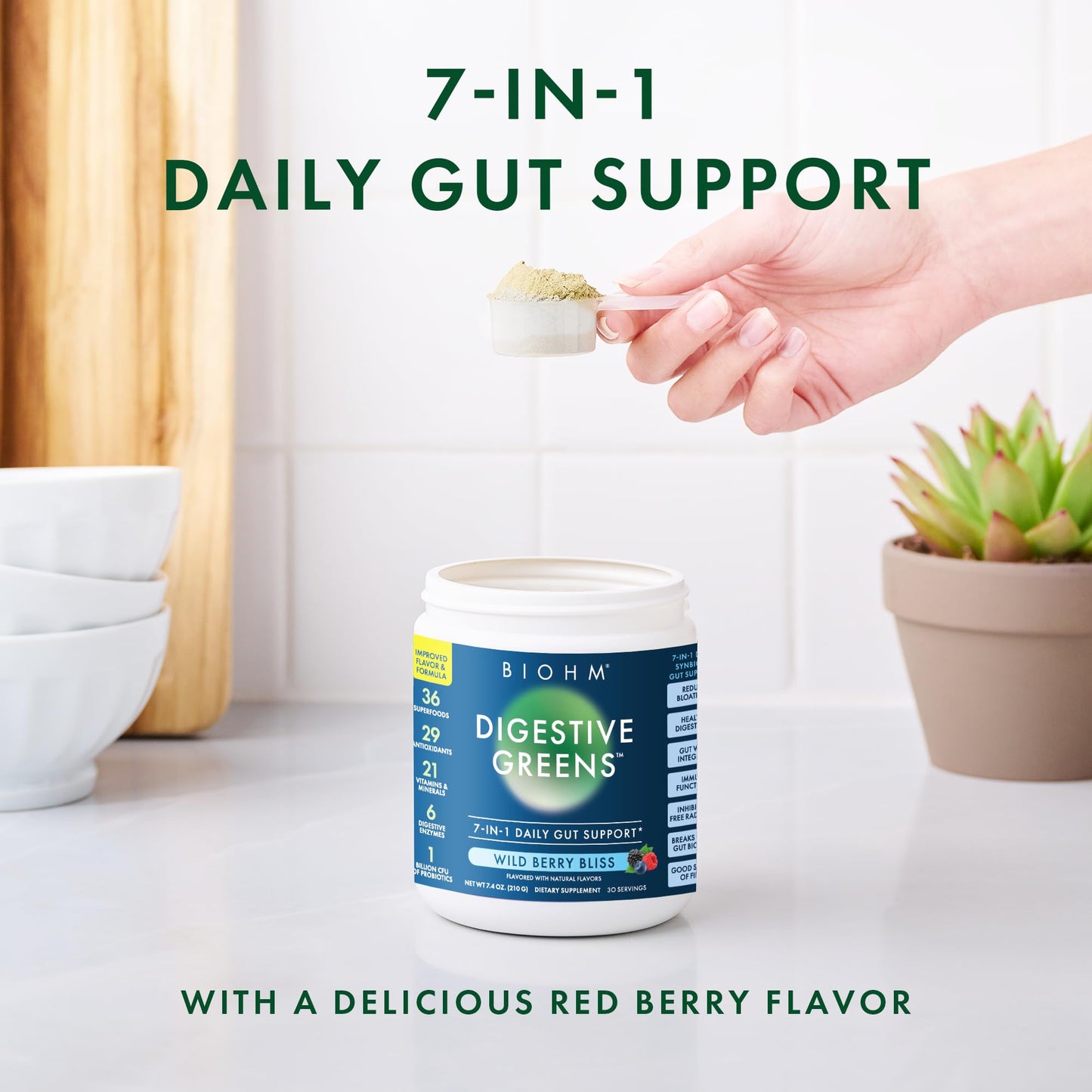 BIOHM Digestive Greens, Green Superfood Powder (7.4 Oz, 30 Servings) Immune & Gut Health Support with Antioxidants, Vitamins, Probiotics & Enzymes, Good Source of Fiber, Berry Flavor BIOHMBuy Supplements Australia