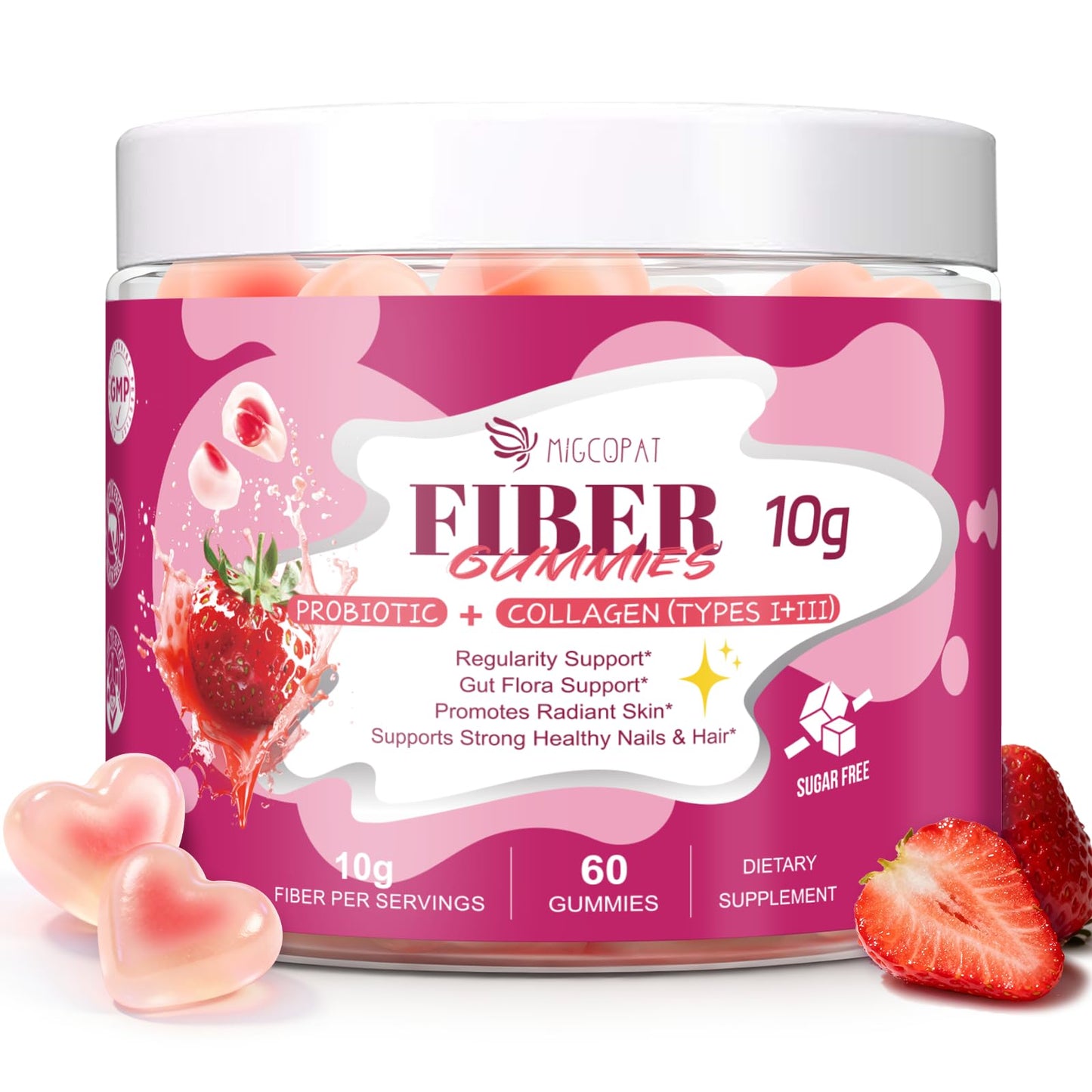 Migcopat 10G Fiber Gummies with Collagen Peptides, Hyaluronic Acid, Vitamin C, ACV, 30 Billion CFU Probiotics – Sugar Free Collagen Gummy for Skin, Hair & Nails – Digestive Health Support – 60 Cts MigcopatBuy Supplements Australia