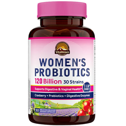Vitalitown Probiotics for Women 120 Billion CFUs, 30 Strains, with Prebiotics & Digestive Enzymes & Cranberry, Gut & Vaginal Health, Vegan 30
