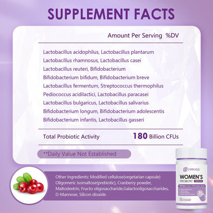 OMOGS Women's Probiotic 180 Billion CFUs 18 Strains, with Organic Prebiotics, Cranberry Extract, D-Mannose & Digestive Enzymes, for Digestive, Boost Immune,