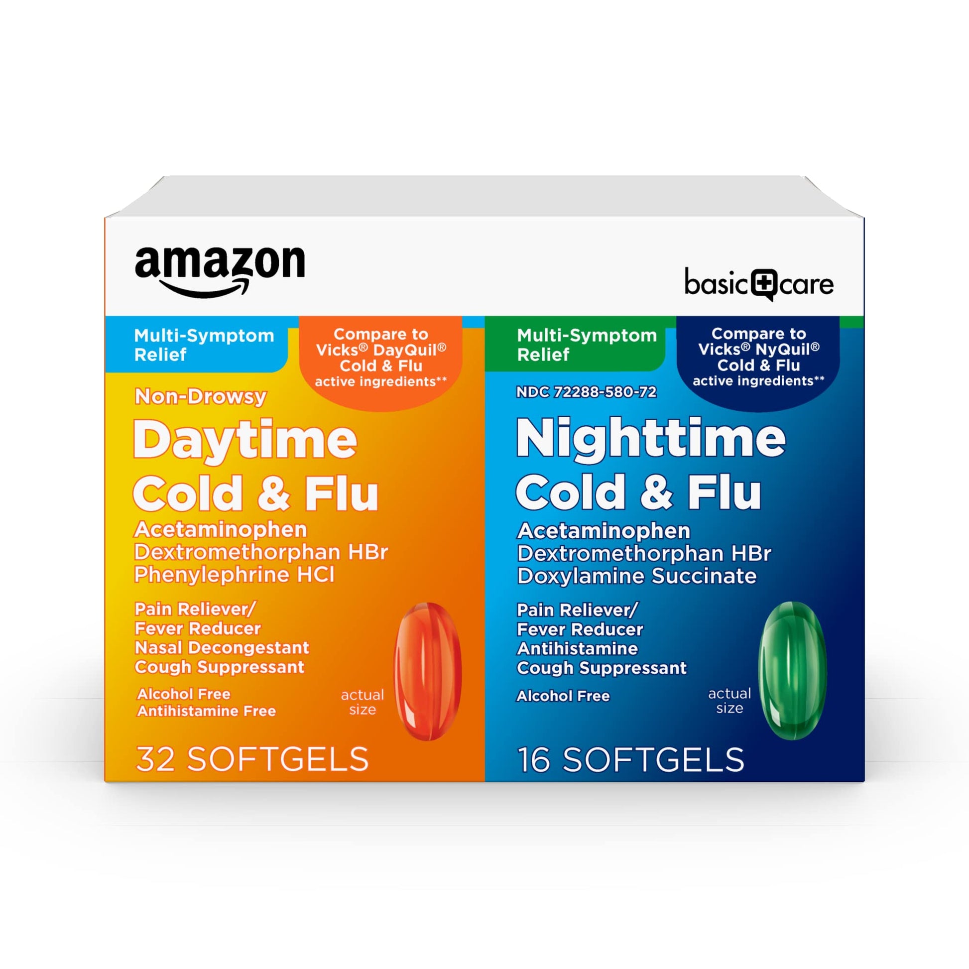 Amazon Basic Care Cold and Flu Relief, Daytime and Nighttime Combo Pack Softgels for Multi-Symptom Relief, Sore Throat, Cough, Nasal Congestion, Headache, 48 Count (Pack of 1) Amazon Basic Care buy supplements Au