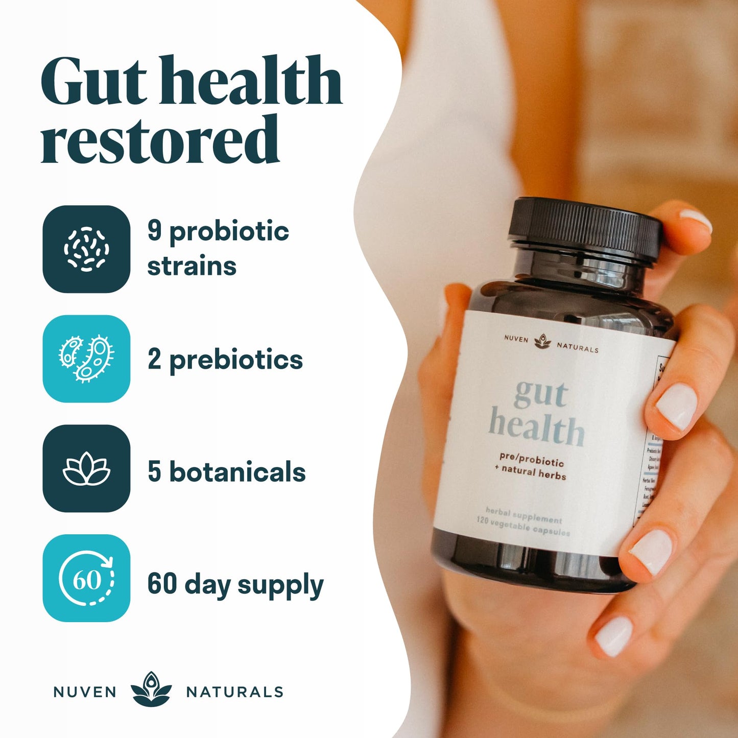 Nuven Naturals All-in-One Gut Health w/Probiotics, Prebiotics, Digestion-Supporting Herbs