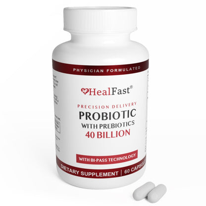 HealFast probiotic supplement bottle with white background