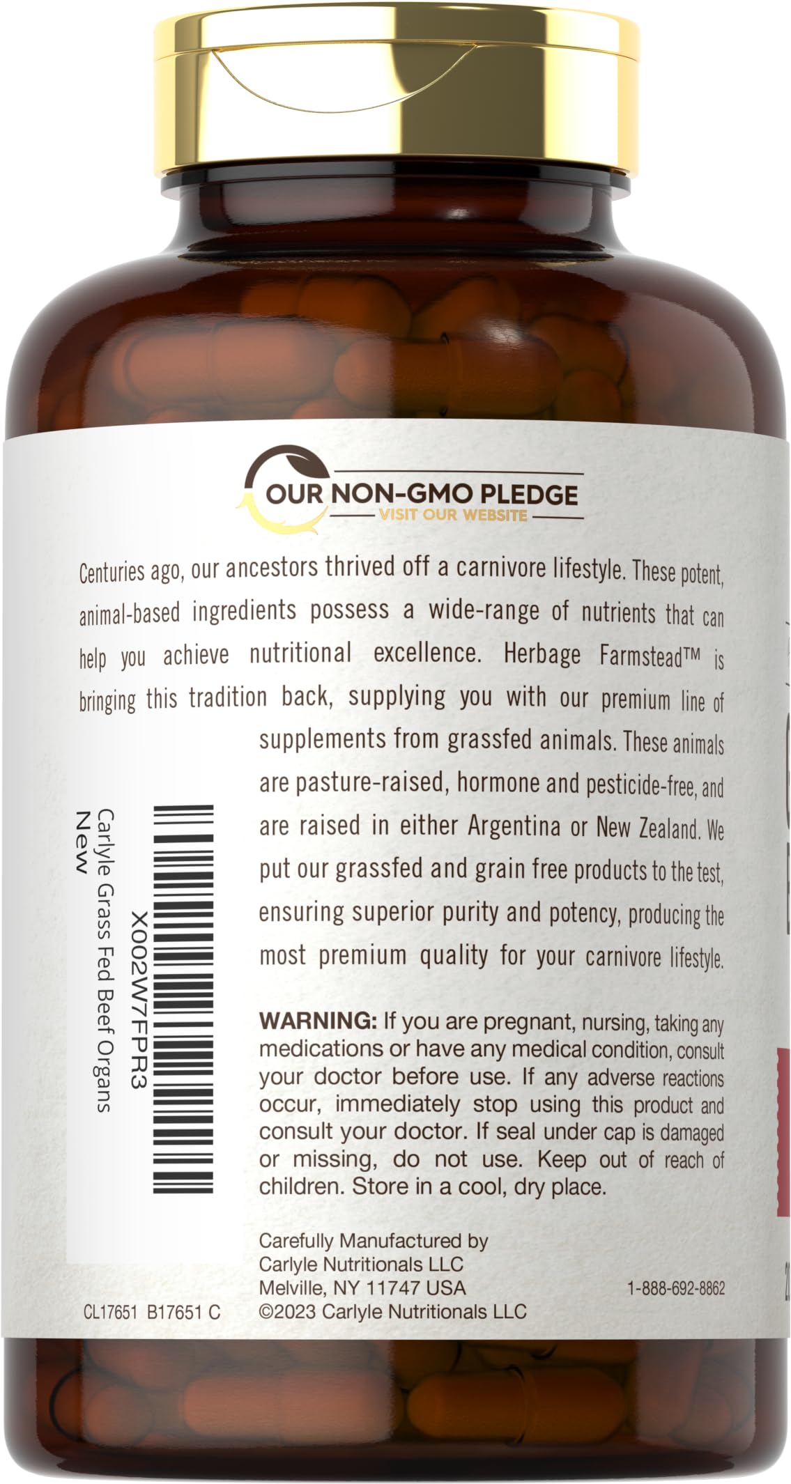 Carlyle Grass Fed Beef Organ Complex | 200 Capsules | Pasture Raised, Grain Free Supplement | with Desiccated Liver, Kidney, Pancreas, Heart, Spleen