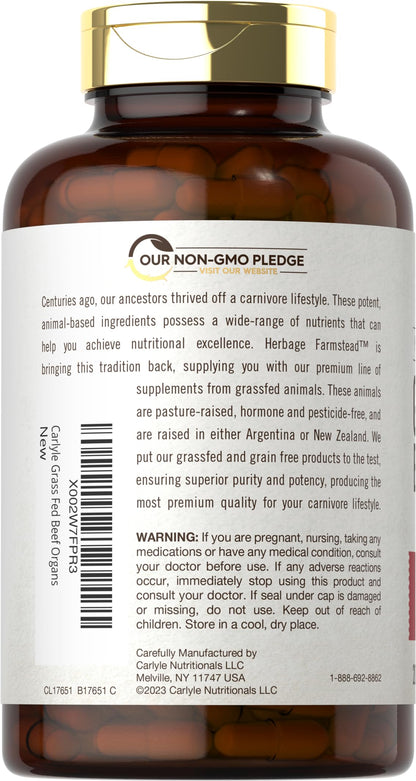 Carlyle Grass Fed Beef Organ Complex | 200 Capsules | Pasture Raised, Grain Free Supplement | with Desiccated Liver, Kidney, Pancreas, Heart, Spleen