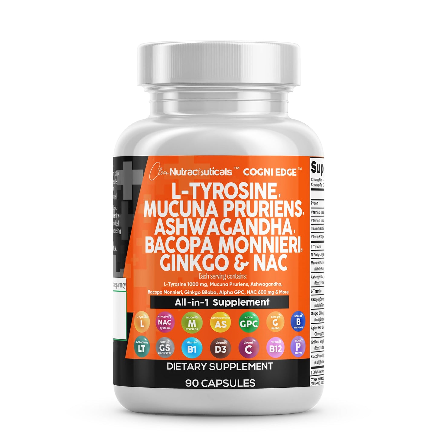 Clean Nutraceuticals L Tyrosine Mucuna Pruriens Bacopa Monnieri Ashwagandha Focus Supplement w/N-Acetyl Cysteine NAC 5-HTP Ginkgo Biloba Alpha GPC Vitamin C D B1 B12 Clean NutraceuticalsBuy Supplements Australia