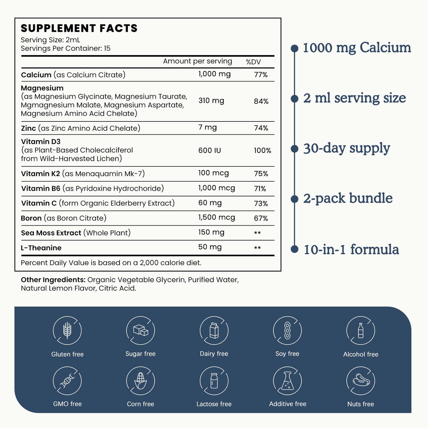 (2 Pack) 10 in 1 Magnesium Calcium Zinc Supplement with Vitamin C D3 K2, Glycinate Mag Vegan Liquid Drops Plus L-Theanine Boron Sea Moss Extract, Immune Support