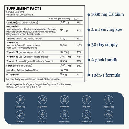 (2 Pack) 10 in 1 Magnesium Calcium Zinc Supplement with Vitamin C D3 K2, Glycinate Mag Vegan Liquid Drops Plus L-Theanine Boron Sea Moss Extract, Immune Support
