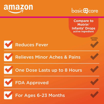 Amazon Basic Care Infants' Ibuprofen Oral Suspension, Pain Reliever and Fever Reducer, 50 mg/1.25 mL, Berry Flavor Concentrated Drops, Dye-Free, 1 fl oz (Pack of 1) Amazon Basic CareBuy Supplements Australia