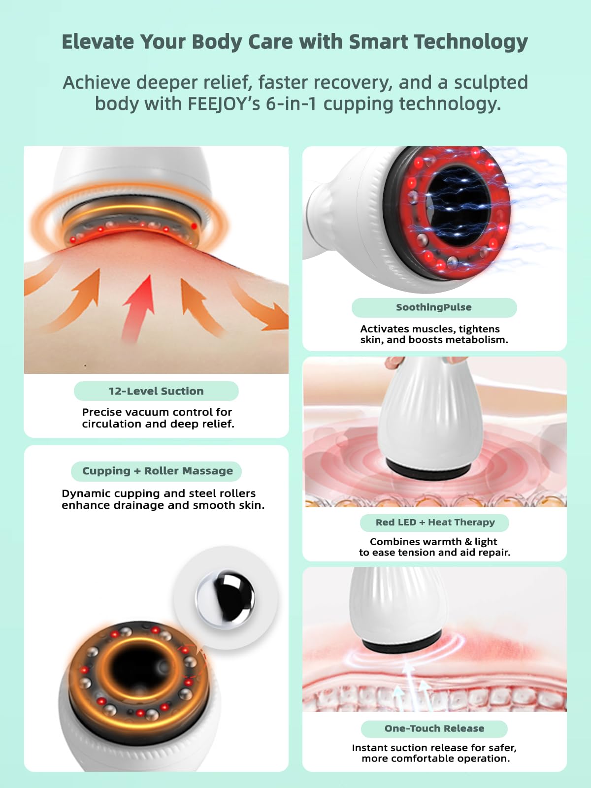 FEEJOY Electric Lymphatic Drainage Massager with Pulse Therapy & Heat – 12-Level Cupping Massage Device for Cellulite Reduction, Body Sculpting, Deep Tissue Pain Relief & Muscle Recovery, White FEEJOY buy supplements Au