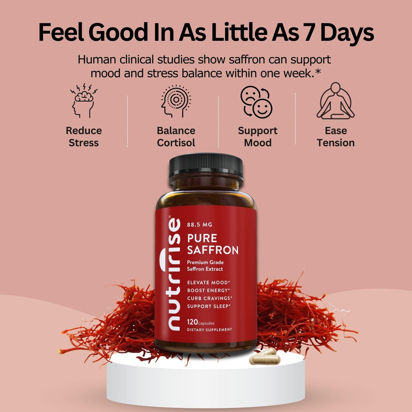 NutriRise Saffron Supplements 120 Capsules, 88.5mg Pure Extract - 4 Month Supply for Mood, Energy, Sleep, Stress & Cortisol Support - Non-GMO