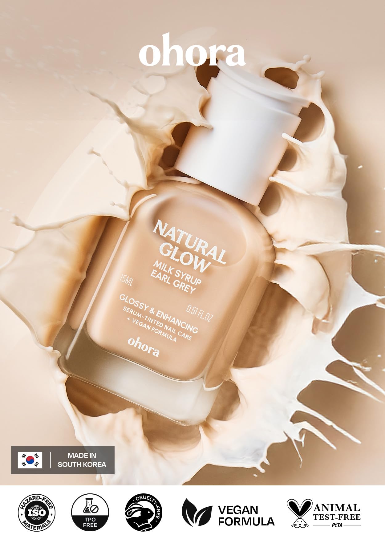 ohora Natural Glow Milk Syrup Nail Strengthener (Earl Grey) - Tinted Nail Hardener for Brittle, Damaged Nails, Quick-Dry Glossy Finish, Nail Repair & Growth, 15 mL