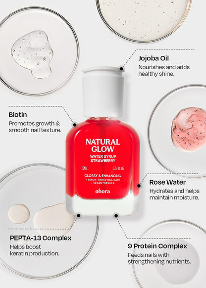 ohora Natural Glow Water Syrup Nail Strengthener (Strawberry) - Tinted Nail Hardener for Brittle, Damaged Nails, Quick-Dry Glossy Finish