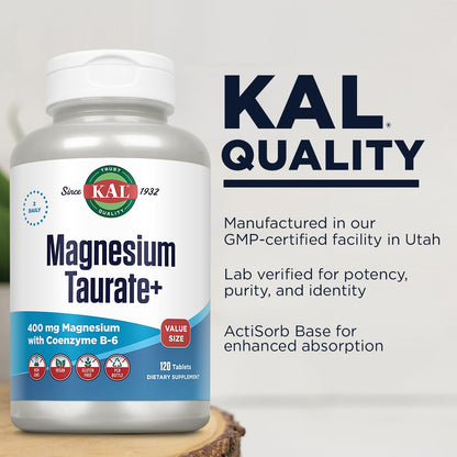 KAL Magnesium Taurate 400mg Plus Vitamin B6, Chelated Magnesium Supplement, High Absorption Magnesium Complex, Muscle and Heart Health Support, Vegan, Gluten Free,