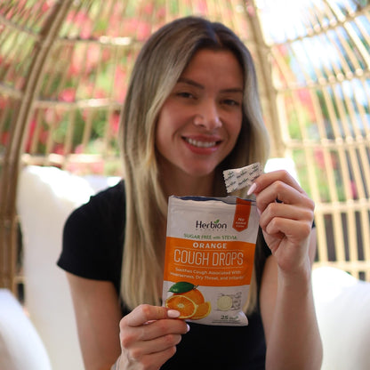 HERBION Naturals Cough Drops with Orange Flavor, Sugar-Free with Stevia, Soothes Cough, for Adults and Children Over 6 Years – Pack of 5(125 Lozenges)