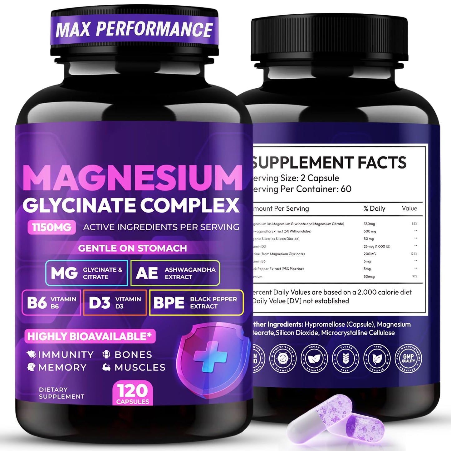 Two bottles of magnesium supplement with purple labels on a white background