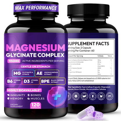 Two bottles of magnesium supplement with purple labels on a white background