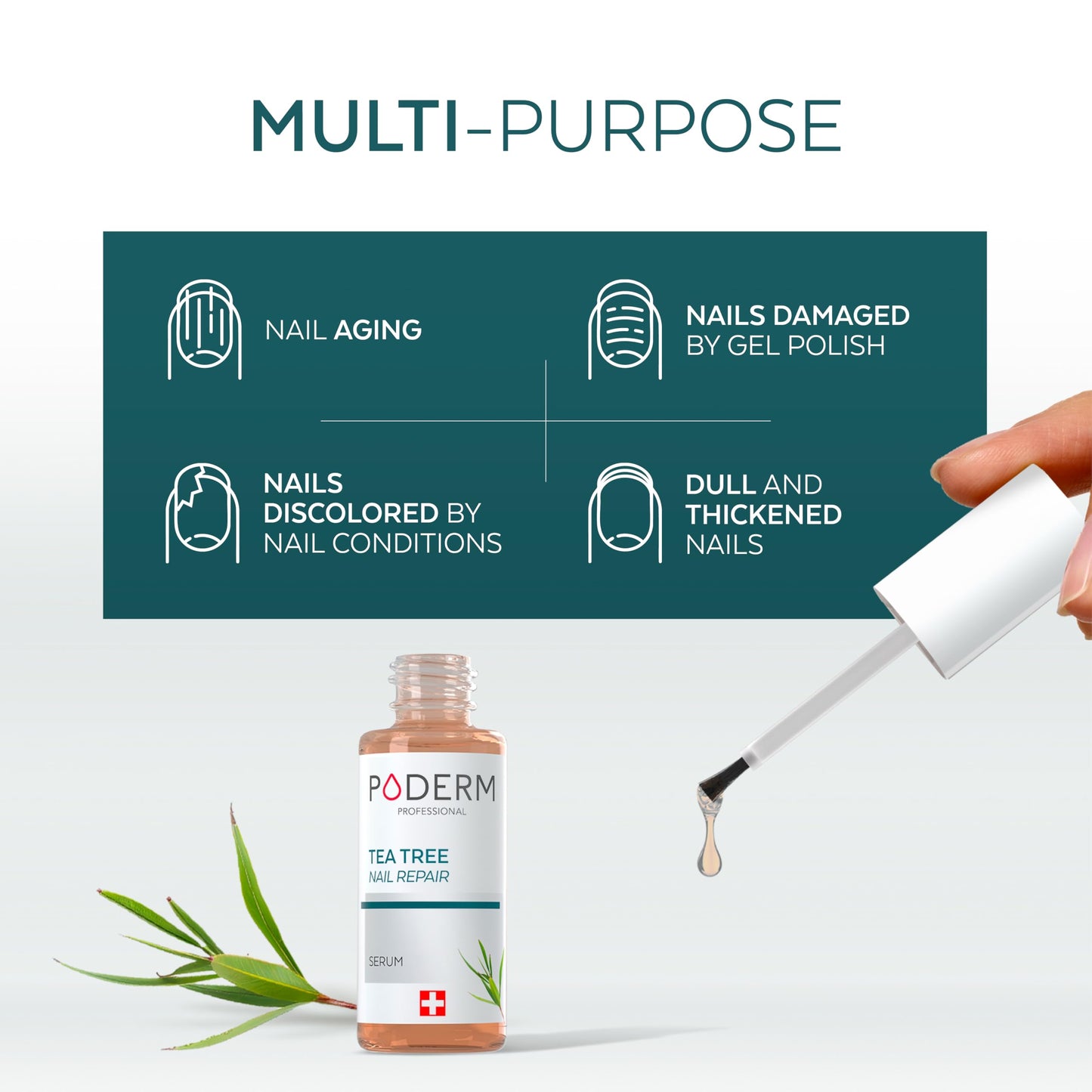 PODERM Tea Tree Nail Serum - 6 ml | 4-in-1 Formula for Damaged, Yellowed, and Dull Nails – Helps Even Nail Thickness – Swiss Made