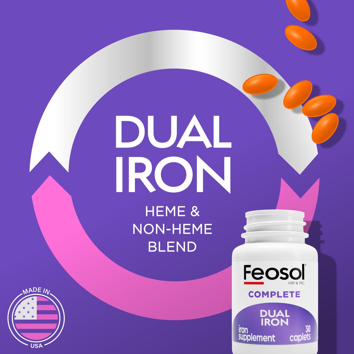 Feosol Complete Iron Supplement Caplets, Bifera Iron for High Absorption, Heme and Non-Heme Dual Action Minimizes Side Effects, 1 Per Day