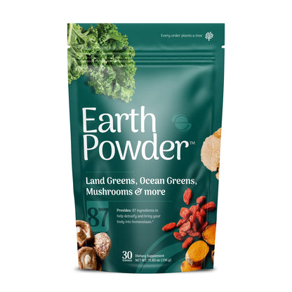 Earth Powder package with green color scheme and health benefits text