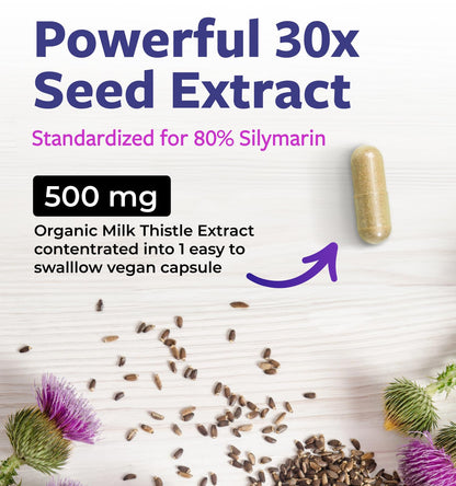 USDA Organic Milk Thistle Capsules - 80% Silymarin Supplement for Liver Support- Super Concentrated 300mg of 30:1 Milk Thistle Extract Equivalent to 9,000mg - Milk Thistle Liver Detox 60 Day Supply PURE CO buy supplements Au