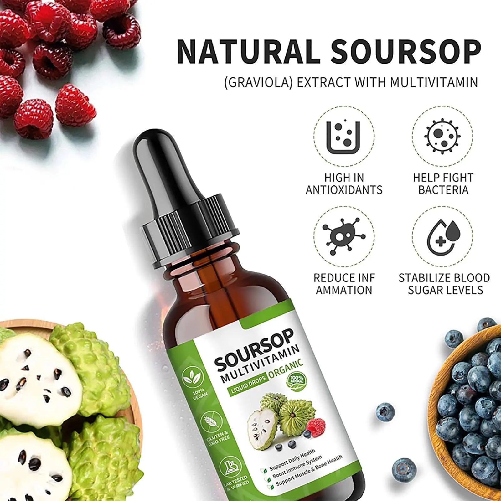 Soursop Bitters Liquid 2 Fl Oz, Soursop Graviola Leaf Extract Liquid Drop, Soursop Multivitamin Liquid Drops Organic for Cell Support, Immune System, Relax bogomo