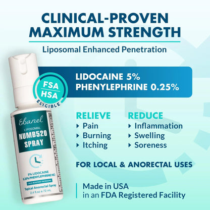 Ebanel 5% Lidocaine Spray Pain Relief Numb520 Burn Itch Relief Numbing Spray for Skin, Topical Anesthetic Postpartum Hemorrhoid Treatment with Phenylephrine for Local and Anorectal Uses EBANEL LABORATORIESBuy Supplements Australia