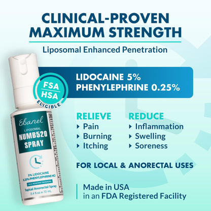 Ebanel Set of 5% Lidocaine Numbing Cream and 5% Lidocaine Spray Pain Relief Numbing Spray for Skin, Maximum Strength Topical Anesthetic to Numb Pain Burn Itch for Local and Anorectal Uses