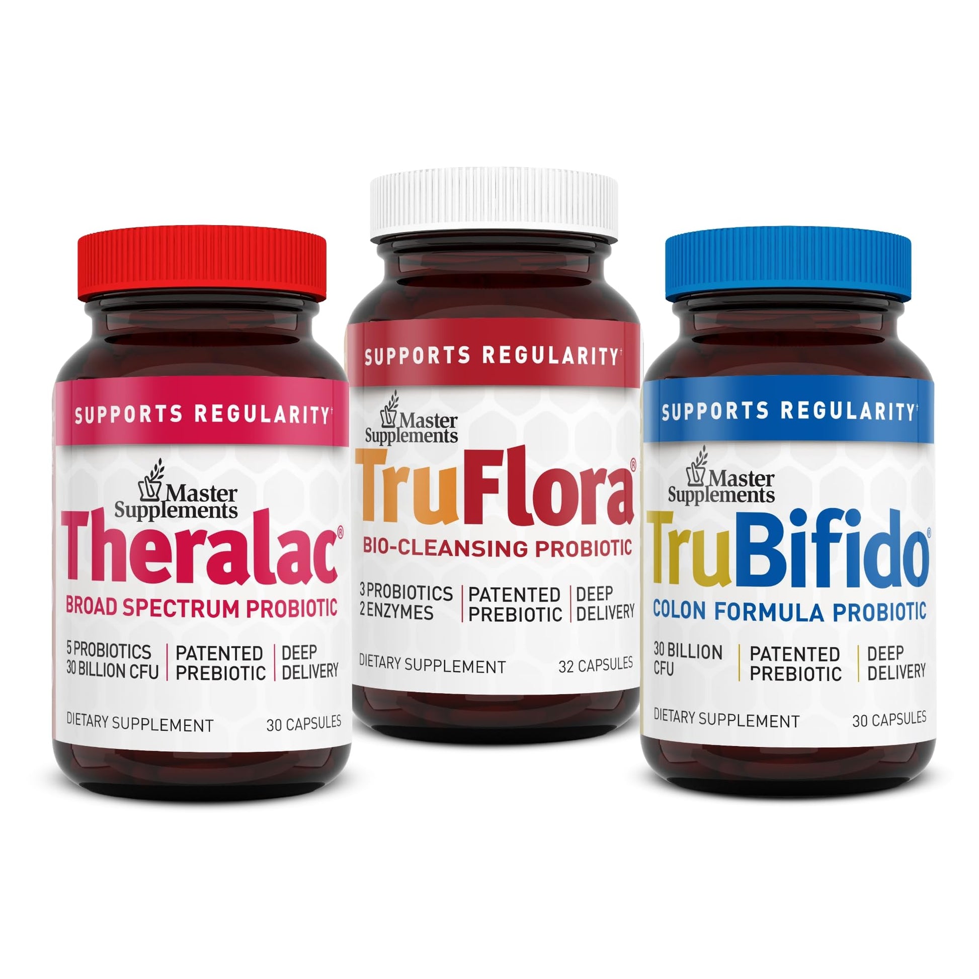 Three probiotic supplement bottles from Master Supplements on a white background